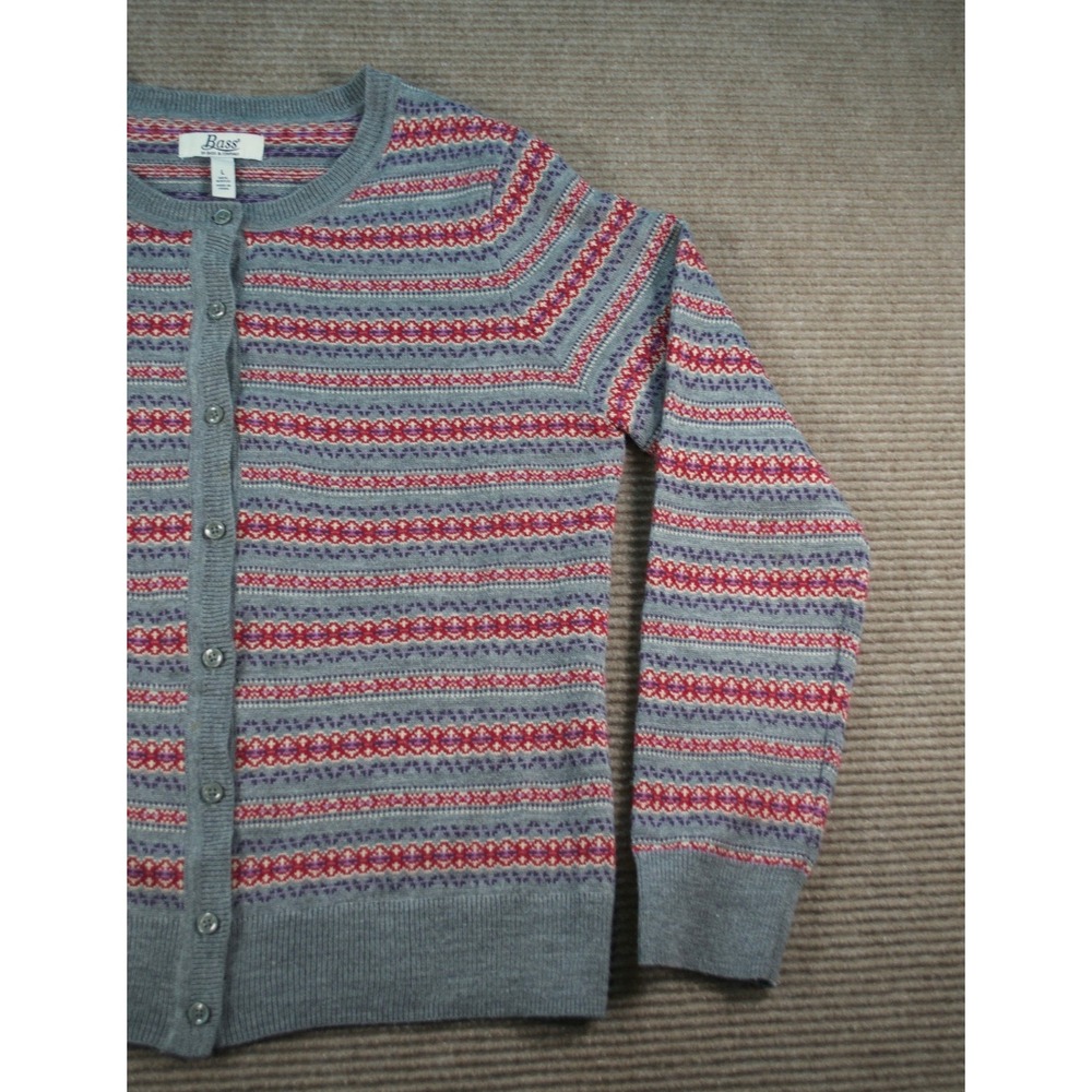 G.H. Bass Fair Isle Cardigan Sweater Gray Red Knit Button Front L Flawed - Picture 2 of 10